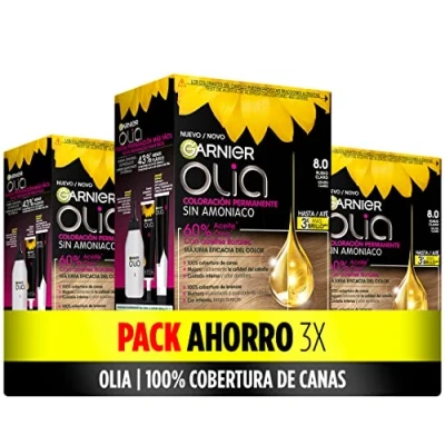 Imagen de Olia Garnier Pack de 3 coloración permanente sin amoniaco para un olor agradable con aceites florales origen natural, tono 8.0 rubio claro
