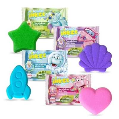 Imagen de INKEE Bath Fizzer Pack de 4 Bombas Baño Efervescentes Enriquecidas con Aceite Almendras, en Colores, Aromas y Formas Diferentes
