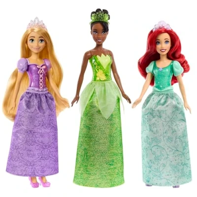 Imagen de Mattel Disney Princess Pack 3 muñecas princesas con vestido y 2 accesorios, incluye a Ariel, Tiana Rapunzel, juguete +3 años (HLW45)