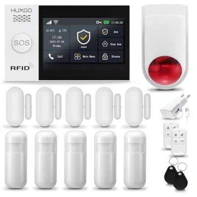 Imagen de HUXGO® HXA007 Alarma casa con Sirena Exterior WiFi + gsm Kit inalámbrico 5X sensores PIR de Movimiento, Puerta/Ventana Aplicación Tuya Aviso al móvil