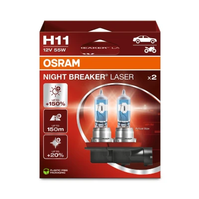 Imagen de OSRAM NIGHT BREAKER LASER H11, +150% más brillo, lámpara de faro halógena, 64211NL 2HB, 12V, caja plegable colgante (2 lámparas)