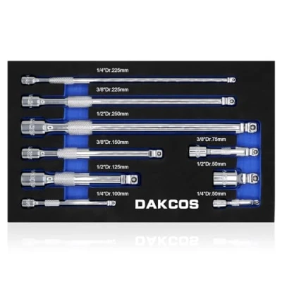 Imagen de DAKCOS Juego de 9 extensiones basculante Alargadores Llave Vaso 1/2&quot; 3/8&quot; 1/4&quot; con Cabezal Giratorio, Cr V