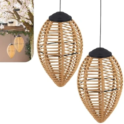 Imagen de Gadgy Lámparas Solares de Ratán para Exterior Set 2 Faroles LED Colgantes Iluminación Solar Decorativa Jardín, Terraza y Balcón Luces Resistentes al Agua