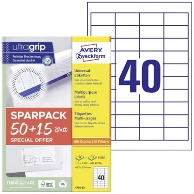 Imagen de AVERY Zweckform 4780 65 etiquetas universales (2000 más 600 adhesivas extra, 48,5 x 25,4 mm en A4, papel mate, imprimibles individualmente, pegatinas autoadhesivas con ultraagarre),