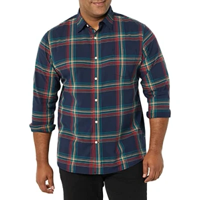 Imagen de Amazon Essentials Camisa de Popelina Elástica Corte Ajustado y Manga Larga Hombre, Azul Marino Rojo Cian Oscuro Cuadros Escoceses, XS