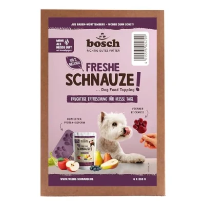 Imagen de Bozal Bosch Freshe Paquete de acción Fruta 4 x 200 g + Molde Hielo para Perros Topping Comida Apto Seca y húmeda con Manzanas, Peras arándanos