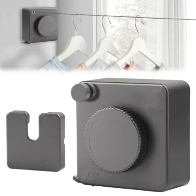 Imagen de Tendedero Retractil Ajustable 4.8M,Tendedero Extensible Pared hasta 20 kg, Inoxidable Cuerda Retráctil, la Perilla de Tensión Proporciona Soporte Adicional, Diseño Antihundimiento(Gris)