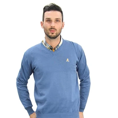 Imagen de Jersey de Hombre Cuello Pico Algodon Manga Larga Marca Modelo Basico para Vestir Punto Fino (Celeste, S)