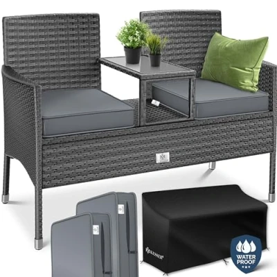 Imagen de KESSER® Banco de jardín polirratán 2 plazas con Mesa y Cojines Integrados, 133x63x 84cm, ratán sintético, para jardín, balcón, sofá Resistente a la Intemperie, Muy Estable Antracita