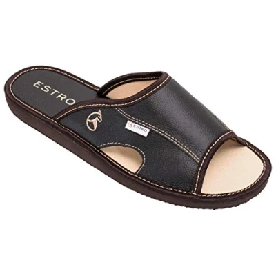 Imagen de ESTRO Zapatillas De Casa Hombre Cuero Pantuflas Suela Memoria Verano (Cacao, 42 EU)