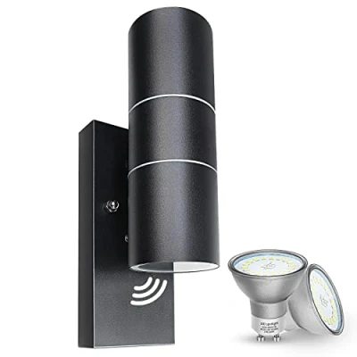 Imagen de Wondlumi Aplique Pared Exterior/Interior Led con Sensor Crepuscular,2x5W GU10 IP44 Blanco Cálido 3000K 500LM,Lámpara Arriba Abajo Negro para Terraza Balcón