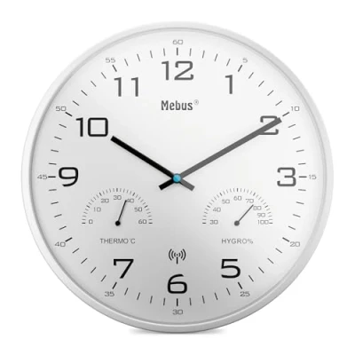 Imagen de Mebus Reloj de Pared Moderno con indicador Temperatura y Humedad, 30 cm, Radio Reloj, salón, Cocina, Modelo 52841, Color Blanco