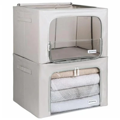 Imagen de 4CONVY Cajas de Almacenaje Ropa para Armario con Cremallera, Marco Metal [2024 MATERIAL MEJORADO] Estable Bolsa Guardar Ropa, Mantas Apilables 2x24L