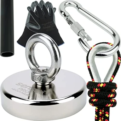 Imagen de Kit SENSEI 300 kg, Imán de Neodimio N52 con Gancho, Ø8 x H1,8 cm, Cuerda Vela 25 m, Guantes Protección + Accesorios, Set Exploración y Pesca