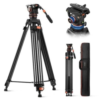 Imagen de K&amp;F Concept 75&quot;/ 191cm Trípode Video VA3+BV20, de Aleación Aluminio Resistente con 360 Cabezal Fluido, Compatible Canon Nikon Sony y Otras, Carga hasta 22lb/10kg