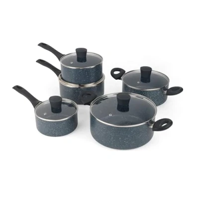 Imagen de Russell Hobbs RH02818EU7 Nightfall Stone 5 Piece Non Stick Pan Set, Includes Tempered Glass Lids, Soft Touch Handles, 16/18/20 cm Saucepans and 20/24 Stockpots, Induction Hob Suitable, Aluminium