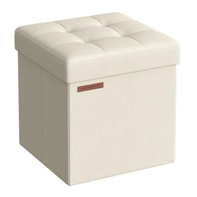 Imagen de SONGMICS Puff Almacenaje 38 cm, Baúl de Almacenaje, Taburete Reposapiés, Blanco Crema LSF27W01