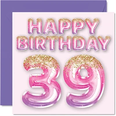 Imagen de Tarjeta de cumpleaños número 39 para mujer, globos purpurina rosa y morada, tarjetas feliz mujer años, amiga, hermana, madre, tía, 145 mm x mm, felicitación
