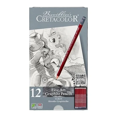 Imagen de CRETACOLOR CLEOS Fine Art Graphite, lápices de grafito resistentes a la rotura, 12 unidades, madera cedro, diseño hexagonal, varias gradaciones, adecuados para uso escolar y doméstico