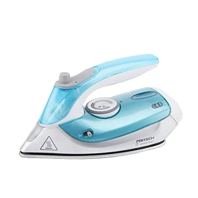 Imagen de PRITECH Plancha de vapor viaje con mango plegable, 1000W, bivoltaje 110/230V, diseño mini, ligera, color azul, blanco y gris.
