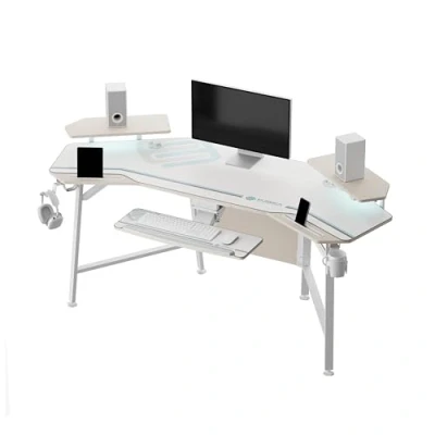 Imagen de EUREKA ERGONOMIC Mesa Gaming LED 182x76 cm Escritorio para Ordenador en Forma de ala con Bandeja Teclado,Ajustable Eestante Monitor, Alfombrilla Ratón