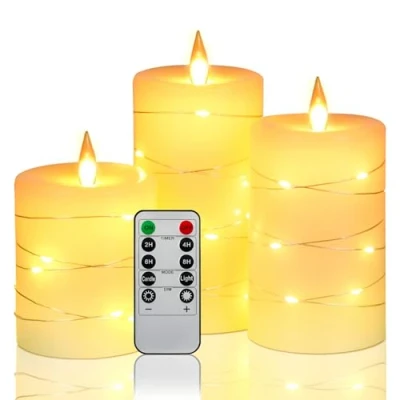 Imagen de Da by velas LED, con luces de cadena integradas, LED 3 piezas, control remoto 10 teclas, función temporizador 24 horas, llama danzante, cera real, funciona pilas.