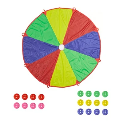 Imagen de Relaxdays Toalla de Vuelo Colorida con Bolas Juego Paracaídas para Niños, Ø 3,5 m, 20 Pelotas, 8 Asas, Tela Redonda Saltar, Cumpleaños, Multicolor, Poliéster