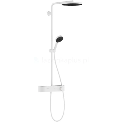 Imagen de hansgrohe Pulsify S, sistema de ducha ahorro agua (EcoSmart) con termostato, lluvia (260 mm) grifo, mano (3 tipos chorro), flexo, barra, fija redondo, blanco mate