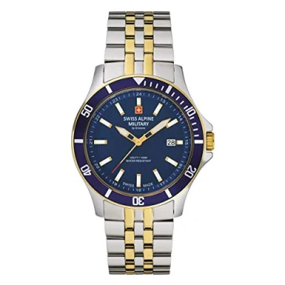Imagen de Swiss Alpine Military Reloj analógico de cuarzo 7022.1 para hombre, acero inoxidable, Bicolor/Bicolor/Azul 1145sam, Pulsera