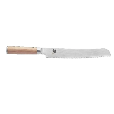 Imagen de KAI Shun Classic White cuchillo de pan japonés 23 cm longitud hoja Damasco 32 capas núcleo VG MAX 61 (±1) HRC mango madera Pakka sierra forjado para cortar