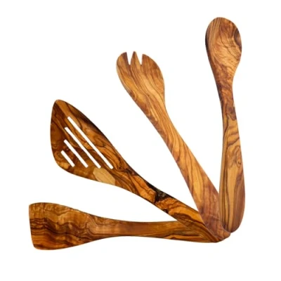 Imagen de AMRAMI® Cubiertos para ensalada de madera, 2 piezas, madera olivo, antibacterianos y resistentes, 25 cm
