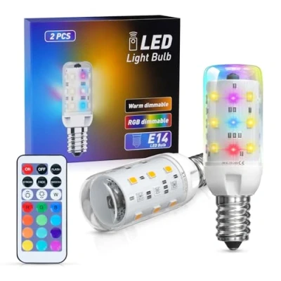 Imagen de TobeBright Bombilla LED Colores E14 RGB Regulable 2W Blanco Cálido 3000K, Bombillas con Mando a Distancia Mini T20 Bombila Luz de Ambiente para Fiesta Bar Boda (2 Unidad)