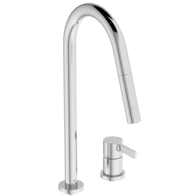 Imagen de Ideal Standard Gusto, Mezclador monomando para fregadero de cocina dos orificios, Boca alta tubular con alcachofa giratoria y extraíble funciones, cromado