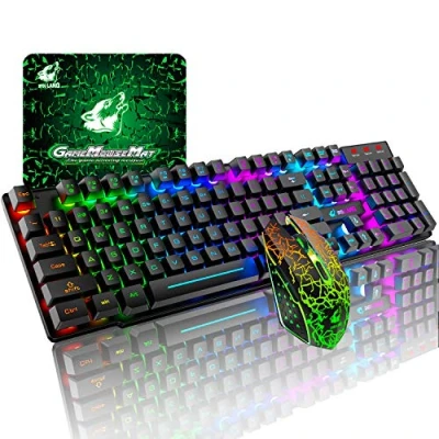 Imagen de T3 Juego de teclado y Ratón inalámbricos 2.4 G recargable tacto mecánico impermeable con retroiluminación arco iris +2400 DPI ópticos LED para juegos+Alfombrilla ratón(negro)