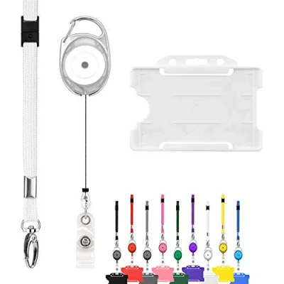 Imagen de cordón retráctil y soporte de insignia paquete triple trío El juego incluye un solo liso mosquetón extensible para tarjeta identificación rígida color blanco
