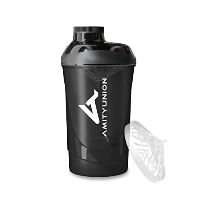 Imagen de AMITYUNION Shaker Deluxe proteína a prueba de fugas BPA libre y con la escala tamiz polvo suero cremoso sacude (negro ahumado 800ml)