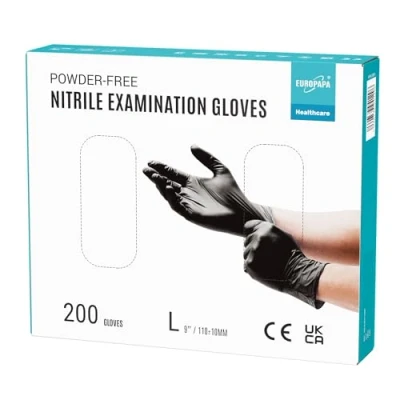 Imagen de EUROPAPA® 200 Guantes De Nitrilo Desechables Que Cumplen Las Normas EN455 EN374, Sin Polvo Ni LÁTex, Disponibles En Tallas S, M, L Y XL (L, Negro)