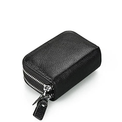 Imagen de AprinCtempsD RFID Cartera Tarjeteros Piel Genuino Monedero Pequeñas Portatarjetas Mini Cremallera para Mujer Hombre (Negro)