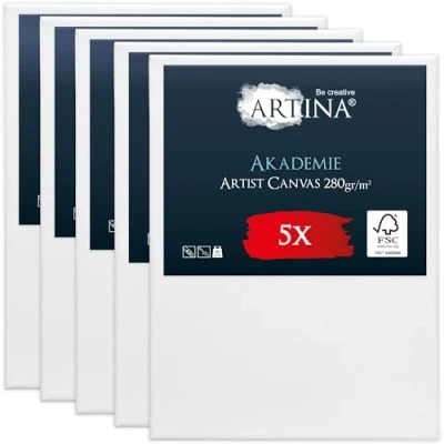 Imagen de Artina Set de 5 Lienzos para Pintar 30x40 cm 100% Algodón 280g/m² Lienzo Blanco con Bastidores Madera FSC® Canvas Pequeño Akademie
