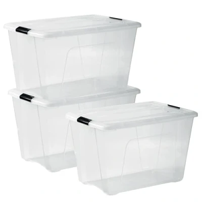 Imagen de Iris Ohyama, Boite Rangement Plastique avec Couvercle, 60L, Lot de 3, Transparent, Clips Fermeture, Poignée, Empilable, pour Chambre, Dressing, Bureau, Sans BPA, Caisse Rangement, Bac, NTB 60