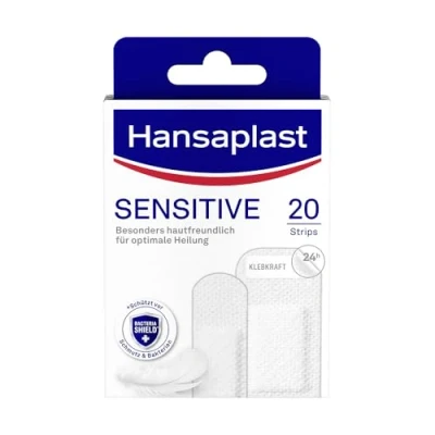 Imagen de Hansaplast Enlucidos sensibles (20 tiras), resistentes a la piel e hipoalergénicos para heridas con escudo de bacterias y adhesión segura, sin dolor extraíble