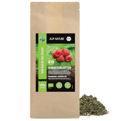 Imagen de hojas de frambuesa ecológica cortadas, té ecológica, cultivo ecológico controlado, 100% natural, sin aditivos (100 GR)