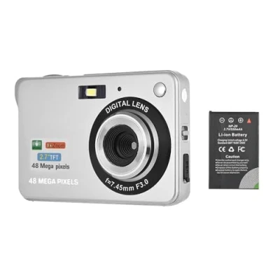Imagen de Andoer Compactas Cámaras Digitales, 1080P 48MP Camara Fotos Digital Zoom 8X Pantalla LCD de 2.7&quot; con bolsa transporte Correa muñeca para Principiantes, Niño, Adulto, plata