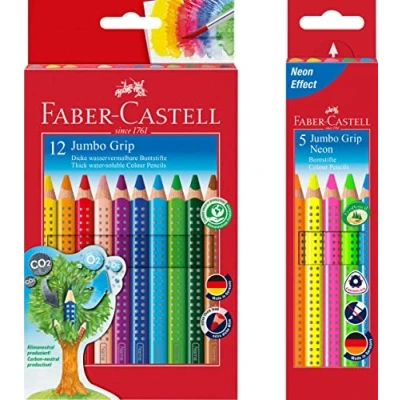 Imagen de Faber Castell 110912 Jumbo Grip Lápices de colores (12 unidades, estuche cartón, 5 unidades), neón