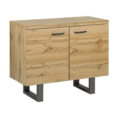 Imagen de Beliani Aparador de 2 Puertas Madera Clara con patín Gris Base Metal Asas Aluminio gabinete estantes Industrial Timber