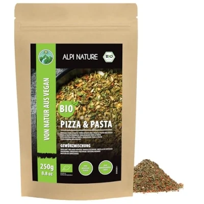 Imagen de condimento orgánico para pizza y pasta, mezcla de condimentos orgánicos, ingredientes 100% naturales espaguetis sin aditivos artificiales. (250 GR)