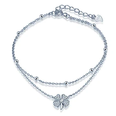 Imagen de Tobillera Mujer, Yumilok Trebol de Cuatro Hojas Tobilleras Plata Ley 925 con Doble Cadena