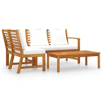Imagen de vidaXL Muebles de Jardín 4 Piezas Mobiliario Exterior Hogar Cocina Terraza Asiento Silla Mesa Suave con Respaldo Cojines Crema Madera Maciza Acacia