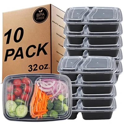 Imagen de KINGHON Contenedor de comida 2 compartimentos, fiambrera plástico Bento con tapa hermética, sin BPA, reutilizables, congelador, microondas y lavavajillas Paquete 10, 32 oz