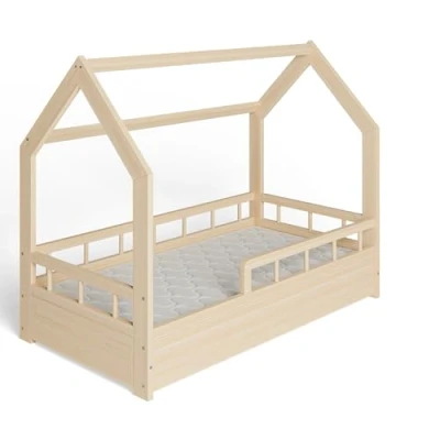 Imagen de MS FACTORY Cama Infantil de Pino con un Colchón Montessori Forma Casa 70x140 cm para Niño y Niña Lamas Somier Medias barreras Madera